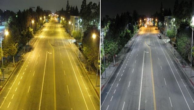 Los Angeles street lights before and after the switch to LEDs